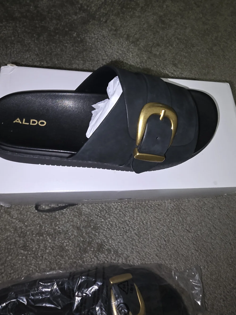 ALDO Alenana Black Slide Sandals with Gold Buckle NIB - Picture 5 of 8